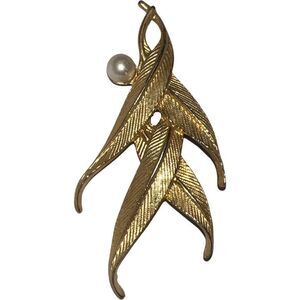 Vintage Crossed Leaf Brooch Pin Gold Tone Pearl Womens Wedding Jewelry Accessory